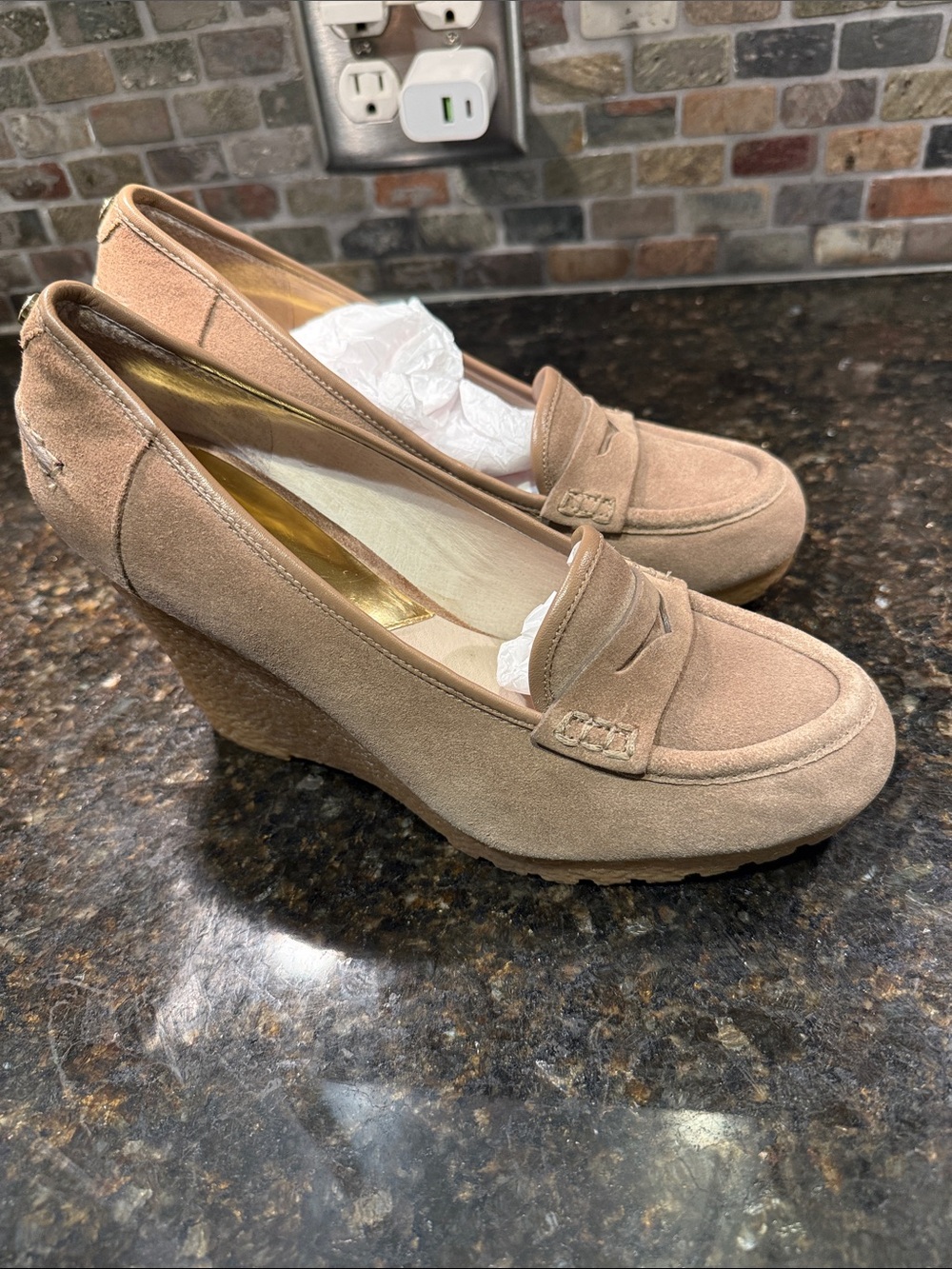 Michael Kors Suede Penny Loafer Wedges in Taupe, size 9